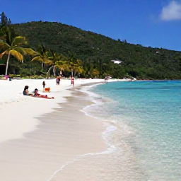 Caribbean Holidays, British Virgin Islands July, Visitors relaxing on the white sands of Smugglers Cove on Tortola, with clear shallow water, green hills and scattered palm trees