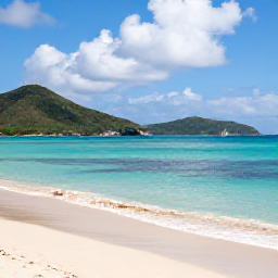 Caribbean Holidays, British Virgin Islands June, A sunny June morning on a quiet British Virgin Islands beach, with turquoise water, green hills and a small sailing boat offshore