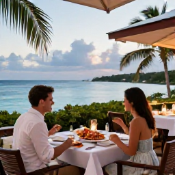 Caribbean Holidays, British Virgin Islands Luxury, A couple dining at an elegant open-air restaurant beside the Caribbean Sea on Tortola, with fresh seafood, tropical surroundings and soft evening light