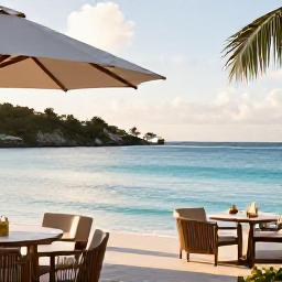 Caribbean Holidays, British Virgin Islands Luxury, A luxurious beachfront resort on Tortola in the British Virgin Islands, viewed in warm October sunshine with calm turquoise water and elegant outdoor seating