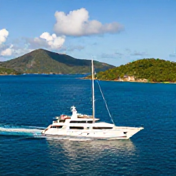 Caribbean Holidays, British Virgin Islands Luxury, A luxury sailing yacht passing between the green islands of the British Virgin Islands, with clear blue water, dramatic coastlines and a bright October sky