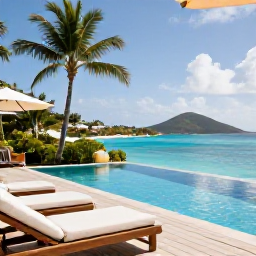 Caribbean Holidays, British Virgin Islands Luxury, A private infinity pool overlooking a quiet Caribbean bay on Virgin Gorda, with sun loungers, lush palms and a relaxed luxury holiday atmosphere