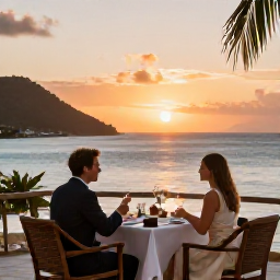 Caribbean Holidays, British Virgin Islands Luxury, Couple dining at an elegant open-air restaurant beside the Caribbean Sea in the British Virgin Islands at sunset