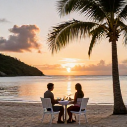 Caribbean Holidays, British Virgin Islands Luxury, Couple enjoying an elegant beachfront dinner at sunset on a British Virgin Islands beach, with palm trees and a calm sea