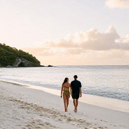 Caribbean Holidays, British Virgin Islands Luxury, Couple walking along a quiet white-sand beach in the British Virgin Islands at golden hour
