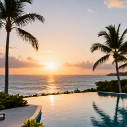 Caribbean Holidays, British Virgin Islands Luxury, Elegant luxury villa overlooking the Caribbean Sea at sunset, with an infinity pool and palm trees