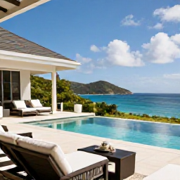 Caribbean Holidays, British Virgin Islands Luxury, Elegant private villa terrace overlooking a calm Caribbean bay in the British Virgin Islands, with a plunge pool and comfortable outdoor seating