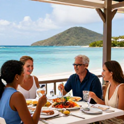 Caribbean Holidays, British Virgin Islands Luxury, Guests dining outdoors at a refined Caribbean restaurant beside the sea, with fresh seafood and island scenery