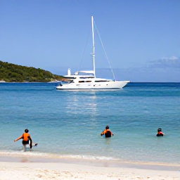 Caribbean Holidays, British Virgin Islands Luxury, Luxury sailing yacht anchored in a calm Caribbean bay beside a sandy beach and snorkellers