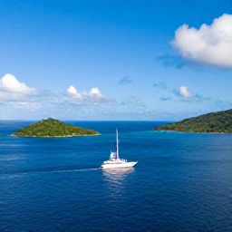 Caribbean Holidays, British Virgin Islands Luxury, Luxury sailing yacht cruising past small green islands and hidden coves in the British Virgin Islands under a clear August sky