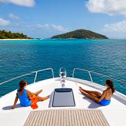 Caribbean Holidays, British Virgin Islands Luxury, Luxury sailing yacht cruising through turquoise waters between the British Virgin Islands, guests relaxing on deck