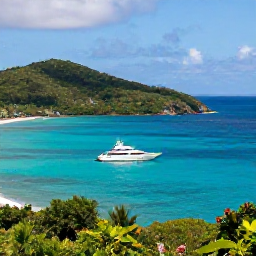 Caribbean Holidays, British Virgin Islands Luxury, Luxury yacht anchored in a bright turquoise bay among the green islands of the British Virgin Islands in August