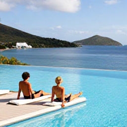 Caribbean Holidays, British Virgin Islands May, Couple relaxing beside a Caribbean resort pool overlooking a calm bay in the British Virgin Islands