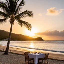 Caribbean Holidays, British Virgin Islands May, Golden sunset over a quiet British Virgin Islands beach with palm trees, gentle waves and an outdoor resort dinner