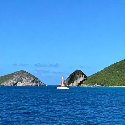 Caribbean Holidays, British Virgin Islands May, Sailing boat passing between green islands and dramatic rocky outcrops in the British Virgin Islands under a clear May sky