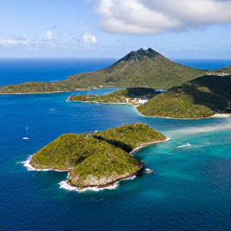 Caribbean Holidays, British Virgin Islands Nature, Aerial photograph of the British Virgin Islands, showing green islands, clear turquoise sea, rugged coastline and small sailing boats