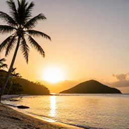 Caribbean Holidays, British Virgin Islands Nature, Golden sunset over a calm Caribbean bay in the British Virgin Islands, with palm trees, quiet beach and distant green islands