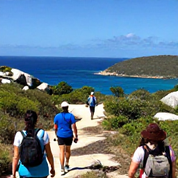 Caribbean Holidays, British Virgin Islands Nature, Hikers walking along a scenic trail above the coast on Virgin Gorda, with sea views, scrubland and granite boulders
