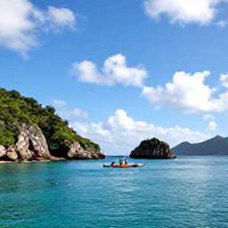 Caribbean Holidays, British Virgin Islands Nature, Kayakers paddling through calm turquoise water beside rocky islands and green coastal hills in the British Virgin Islands
