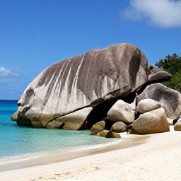 Caribbean Holidays, British Virgin Islands Nature, Quiet sandy beach at The Baths on Virgin Gorda, with huge granite boulders, turquoise sea and visitors exploring naturally formed passages