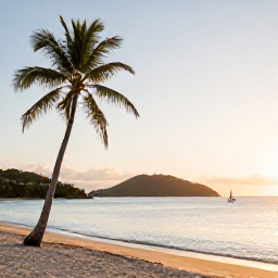 Caribbean Holidays, British Virgin Islands Nature, Quiet tropical beach in the British Virgin Islands at golden hour, with palm trees, calm sea and distant sailing boats
