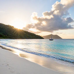Caribbean Holidays, British Virgin Islands Nature, Sunrise over a quiet British Virgin Islands beach in January, with turquoise water, green hills and a small sailboat