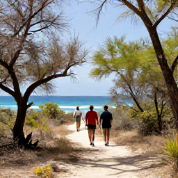 Caribbean Holidays, British Virgin Islands Nature, Travellers walking on a peaceful coastal trail through dry tropical woodland on Tortola, with views across the sea