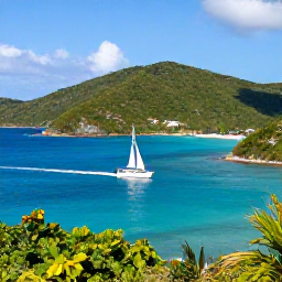 Caribbean Holidays, British Virgin Islands, Sailing yacht passing between green Caribbean islands and sheltered turquoise bays in the British Virgin Islands