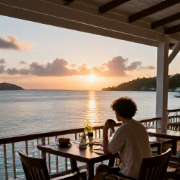 Caribbean Holidays, British Virgin Islands Solo Holidays, Solo traveller dining at a friendly waterfront restaurant at sunset in the British Virgin Islands