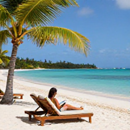 Caribbean Holidays, British Virgin Islands Spa Breaks, A calm Caribbean beach on Virgin Gorda with sun loungers, clear water, leafy palms and a guest reading quietly near the shore