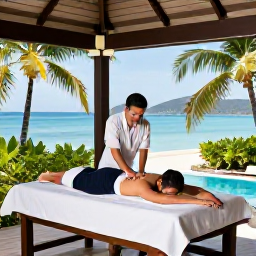 Caribbean Holidays, British Virgin Islands Spa Breaks, A couple receiving a relaxing massage in an open-air Caribbean spa pavilion surrounded by palms and views of the sea