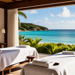 Caribbean Holidays, British Virgin Islands Spa Breaks, A serene luxury spa overlooking a turquoise Caribbean bay on Tortola, with treatment beds, tropical greenery and soft August sunlight