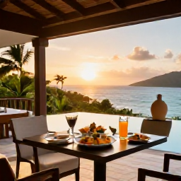 Caribbean Holidays, British Virgin Islands Spa Breaks, An elegant Caribbean resort terrace at sunset with a healthy dinner, tropical drinks and views across the British Virgin Islands