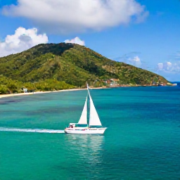 Caribbean Holidays, British Virgin Islands Tours, A bright sailing boat cruising between the green islands and turquoise waters of the British Virgin Islands