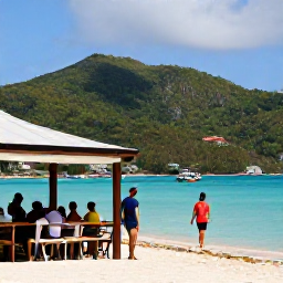 Caribbean Holidays, British Virgin Islands Walking Holidays, A friendly April island scene in the British Virgin Islands with walkers resting near a waterfront caf&eacute;, colourful boats and tropical hills