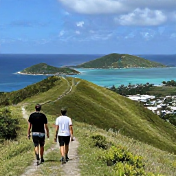Caribbean Holidays, British Virgin Islands Walking Holidays, Hikers following a green hillside trail above the Caribbean Sea on Tortola, with dramatic views towards neighbouring British Virgin Islands