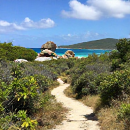 Caribbean Holidays, British Virgin Islands Walks, A peaceful footpath through scrub and woodland on Virgin Gorda, with views towards granite boulders and a blue Caribbean bay