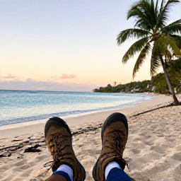Caribbean Holidays, British Virgin Islands Walks, A relaxed January afternoon on a British Virgin Islands beach after a walk, with hiking boots, palm trees and calm turquoise water