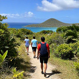 Caribbean Holidays, British Virgin Islands Walks, Walkers following a shaded hillside path through tropical vegetation on Tortola, overlooking nearby Caribbean islands