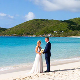 Caribbean Holidays, British Virgin Islands Weddings, Bride and groom exchanging vows on a quiet white-sand beach in the British Virgin Islands, turquoise sea and green hills behind them
