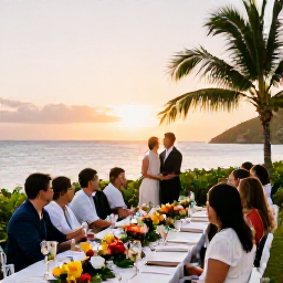 Caribbean Holidays, British Virgin Islands Weddings, Couple and wedding guests enjoying a relaxed Caribbean reception at sunset, long table, tropical flowers and ocean view