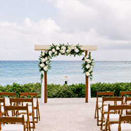 Caribbean Holidays, British Virgin Islands Weddings, Elegant small wedding ceremony on a shaded Caribbean terrace overlooking the sea in Tortola, with simple flowers and wooden chairs