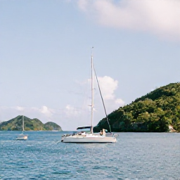 Caribbean Holidays, British Virgin Islands Weddings, Newlywed couple sailing between the British Virgin Islands on a bright day, with calm blue water and rugged green islands