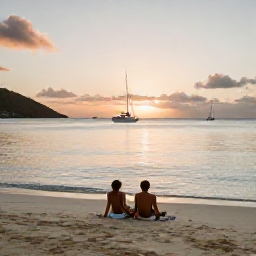 Caribbean Holidays, British Virgin Islands Wellness, A couple relaxing on a quiet British Virgin Islands beach at sunset, with sailing boats in the distance and soft golden light over the Caribbean Sea