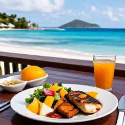 Caribbean Holidays, British Virgin Islands Wellness, A healthy Caribbean lunch of grilled fish, fresh salad and tropical fruit served at an open-air restaurant overlooking the sea in the British Virgin Islands