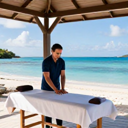 Caribbean Holidays, British Virgin Islands Wellness, A peaceful beachfront wellness setting on Tortola with a therapist preparing a massage table beneath a shaded pavilion overlooking the Caribbean Sea