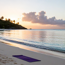 Caribbean Holidays, British Virgin Islands Wellness, A quiet white-sand beach on Tortola in the British Virgin Islands at sunrise, with calm turquoise water and a yoga mat near the shore