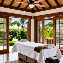 Caribbean Holidays, British Virgin Islands Wellness, Elegant Caribbean spa treatment room in the British Virgin Islands with natural wood, white linens, tropical greenery and open windows