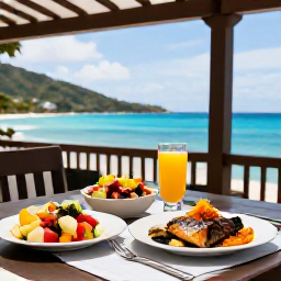 Caribbean Holidays, British Virgin Islands Wellness, Healthy Caribbean lunch on a shaded terrace in the British Virgin Islands, featuring fresh tropical fruit, colourful salad, grilled fish and sea views