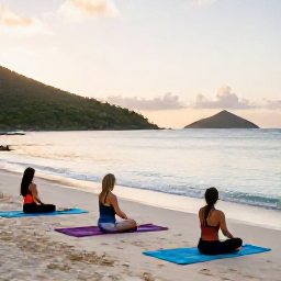 Caribbean Holidays, British Virgin Islands Wellness, Outdoor yoga session on a quiet British Virgin Islands beach at sunrise, with mats facing the calm sea and green hills in the background